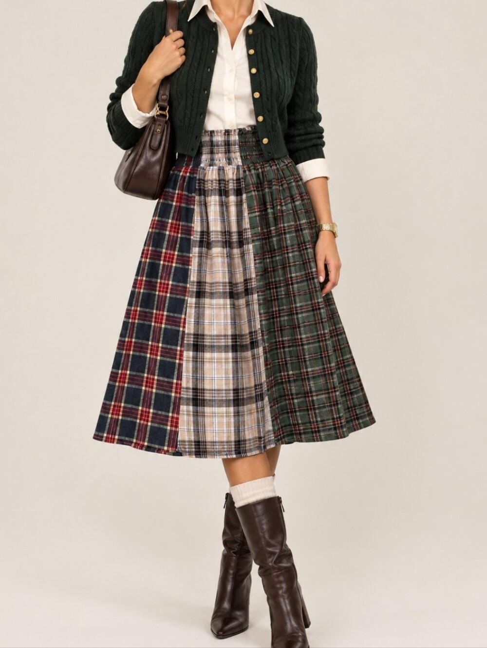 Plaid Patchwork Midi Skirt Mix Match Tartan Smocked Elastic Waistband Sz S